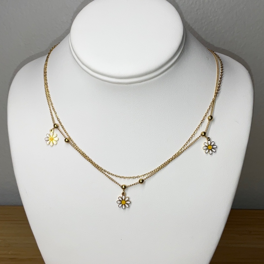 2-strand Daisy Layered Necklace with White Enamel Accents